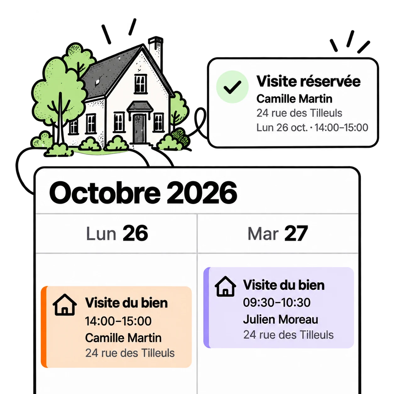 Planifiez les visites sans multiplier les échanges.: Trouvez un bien, choisissez un créneau et réservez une visite. Retrouvez les rendez-vous confirmés avec les coordonnées utiles du client.