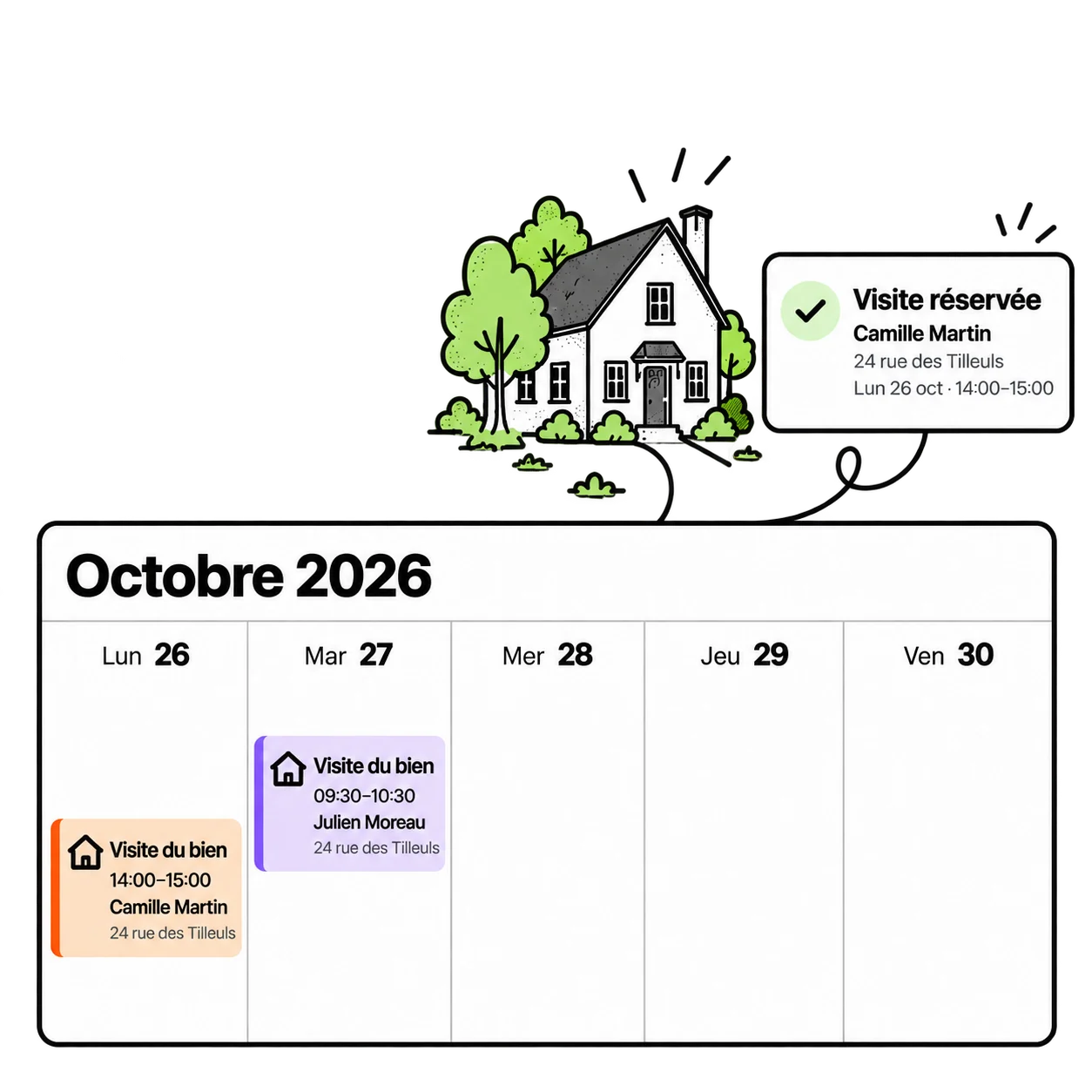 Planifiez les visites sans multiplier les échanges.: Trouvez un bien, choisissez un créneau et réservez une visite. Retrouvez les rendez-vous confirmés avec les coordonnées utiles du client.