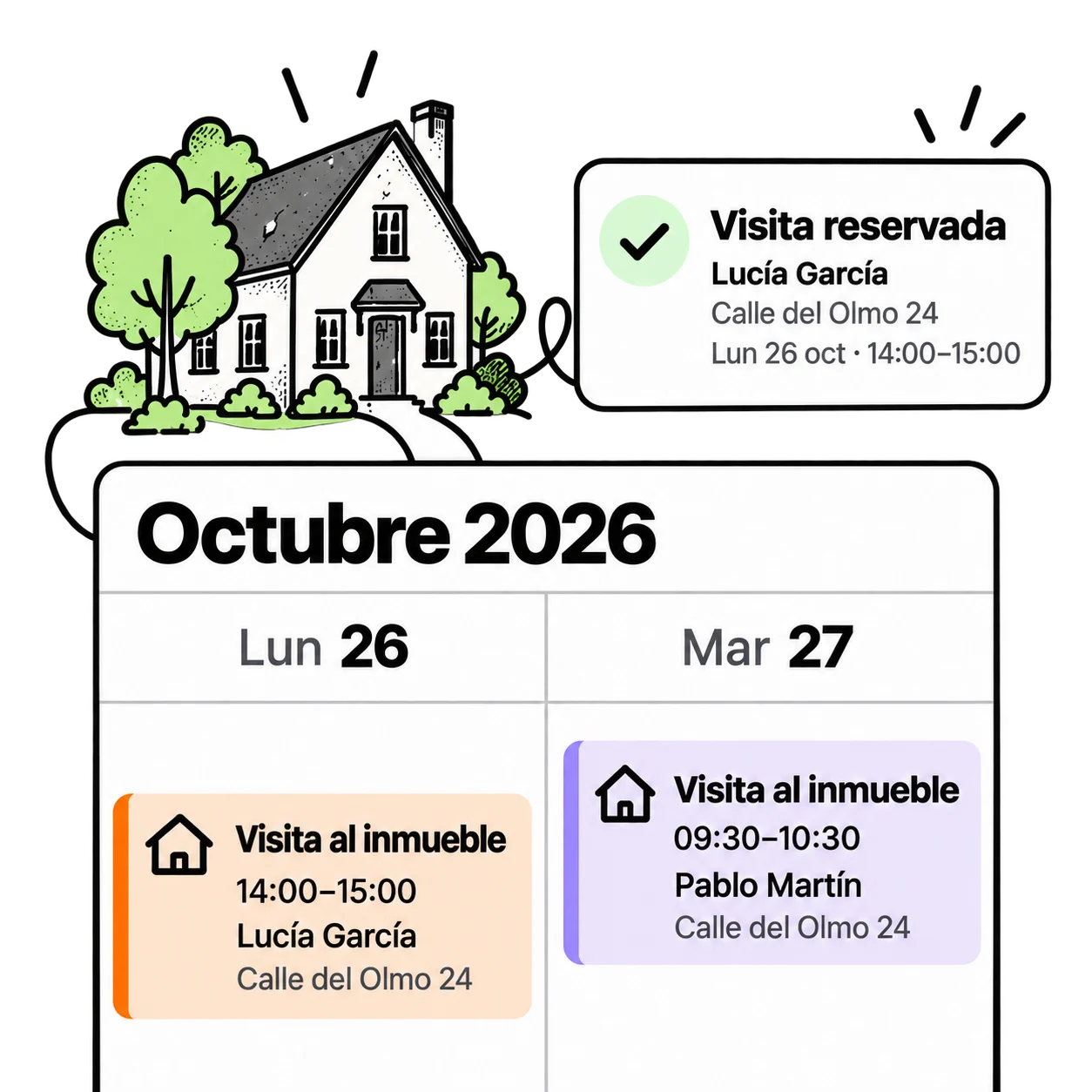 Organiza visitas sin intercambiar tantos mensajes.: Encuentra una vivienda, elige un horario y reserva una visita. Consulta las citas confirmadas junto con los datos del cliente que necesitas.